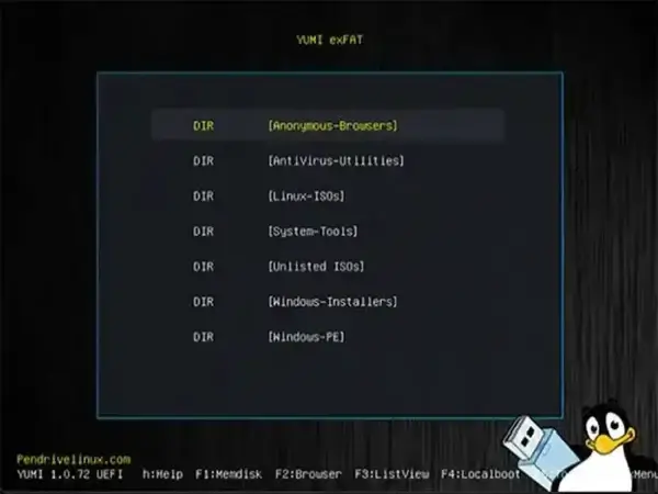 YUMI exFAT Multiboot USB flash drive showing boot menu